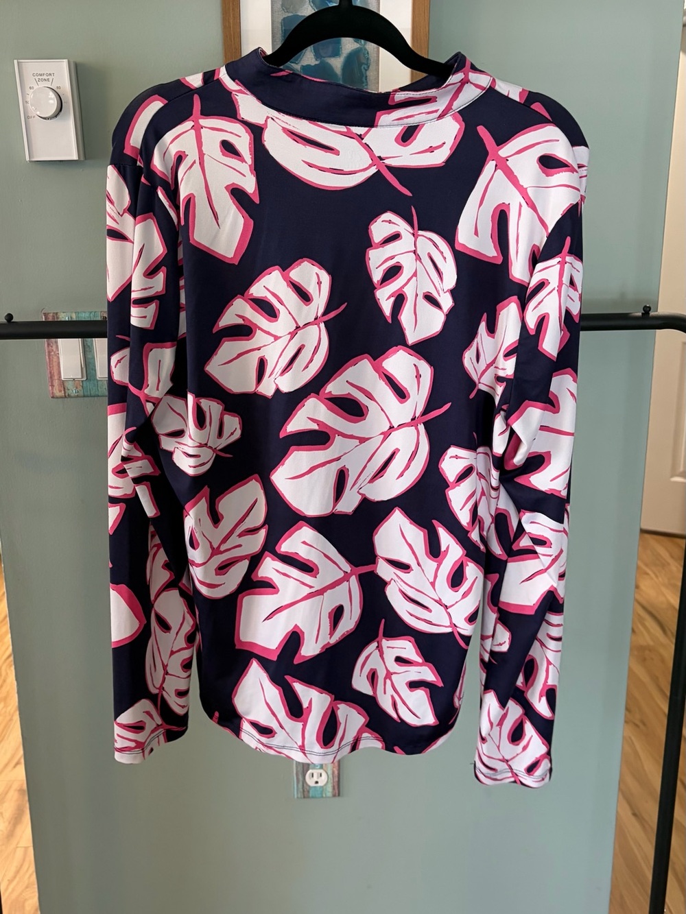 Emerald Navy Long Sleeve Top with Pink and White Leaf Pattern